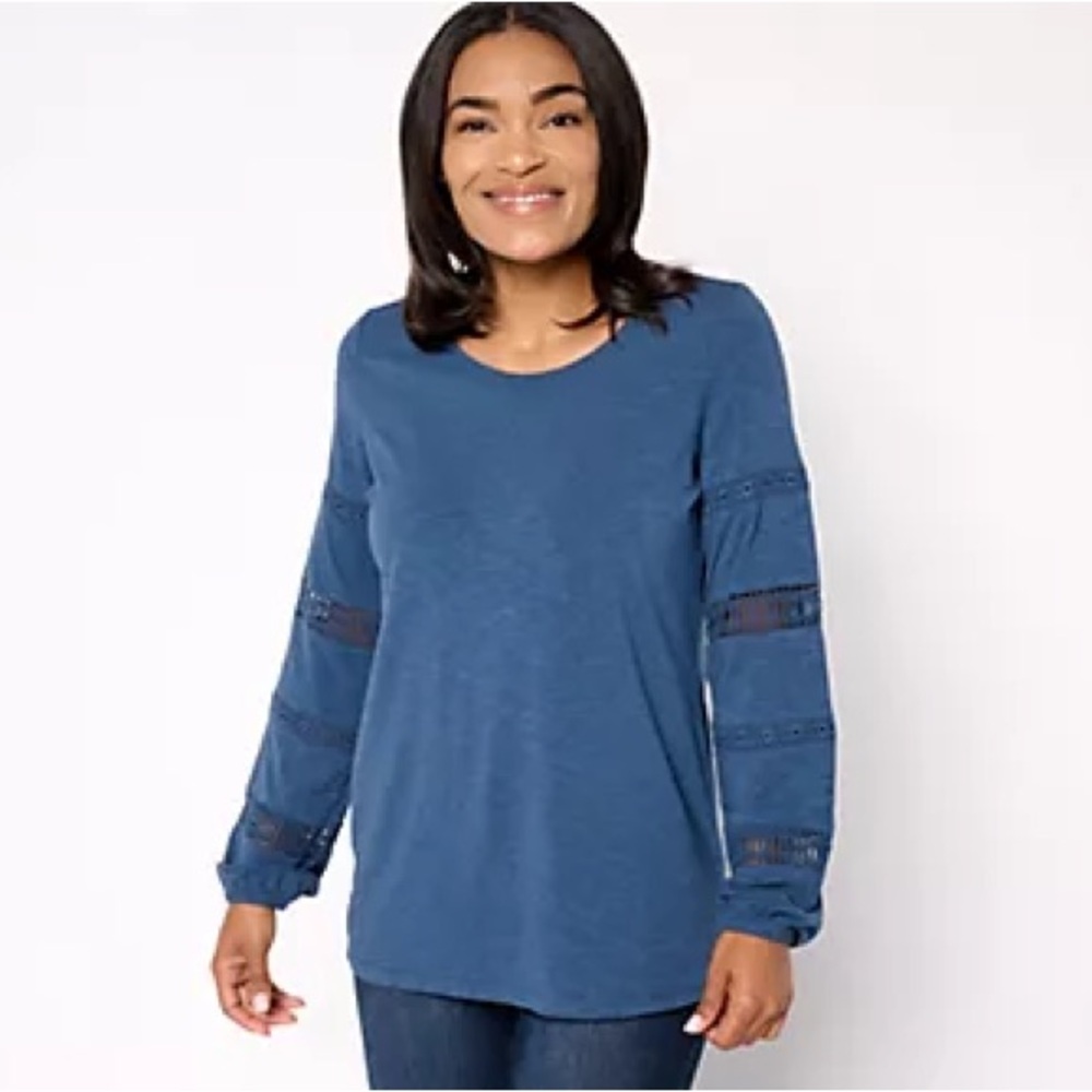 Belle Boho Slub Knit Top with Lace Trim Sleeves